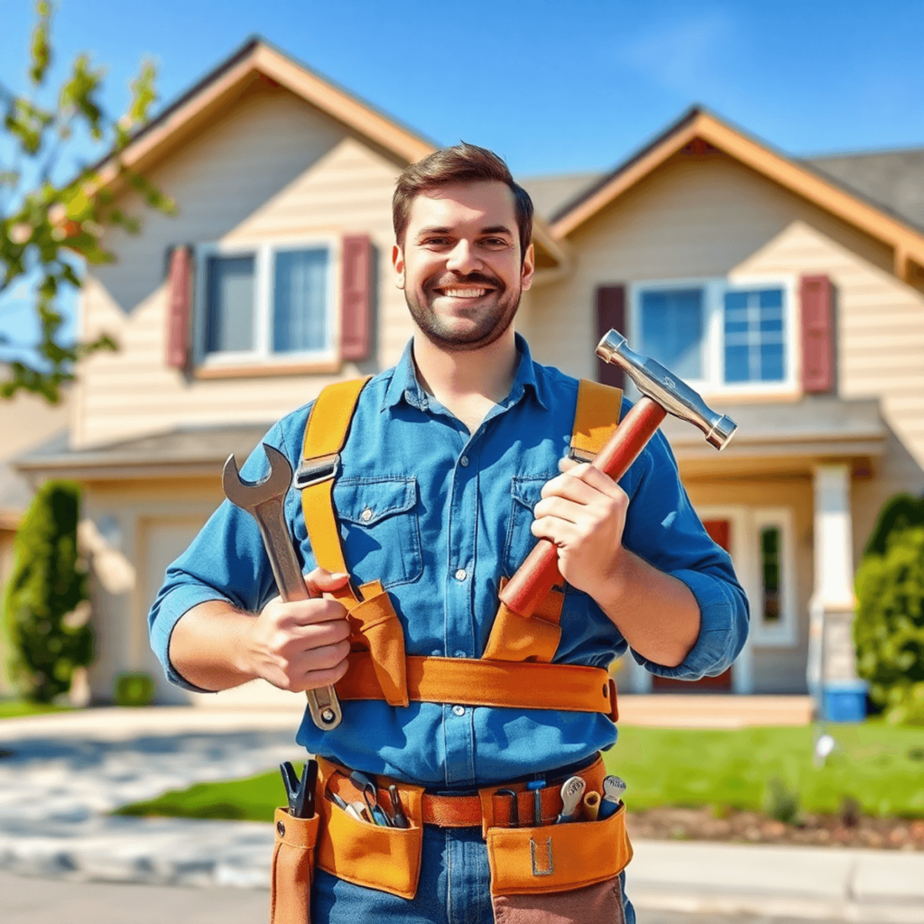 Handyman with tool belt holding wrench and hammer, standing confidently in front of a cozy suburban house under a bright blue sky.