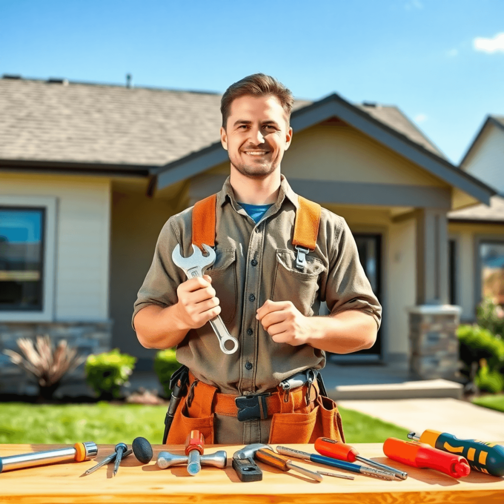 Handyman with tool belt holding wrench stands by workbench with tools in front of a modern suburban house under a bright blue sky.